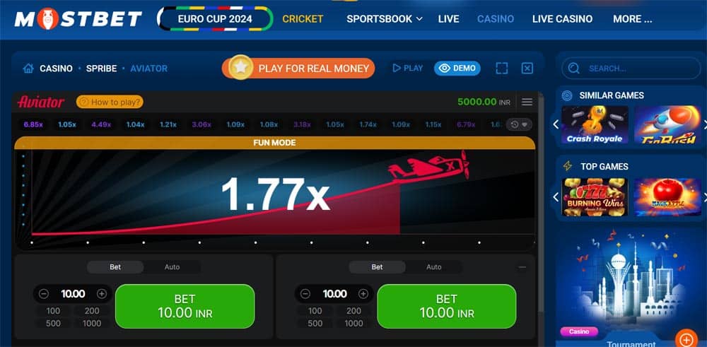 The screen of an active Aviator game on the Mostbet casino website, showing a dynamic interface with increasing betting odds