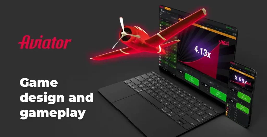 Red Aviator plane flying over a laptop with game interface showing a multiplier