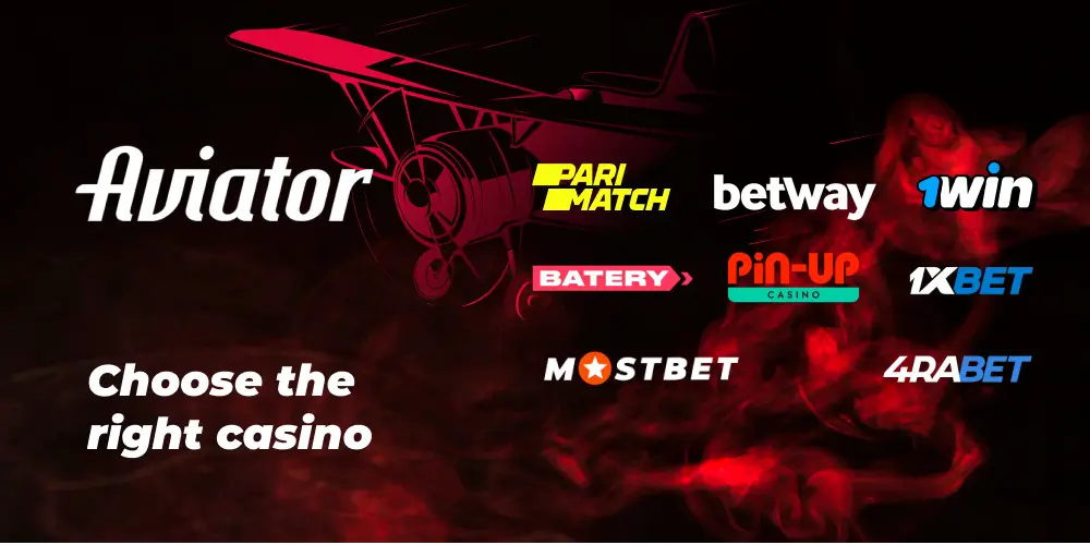 Logos of multiple casinos including Parimatch, Betway, and others next to Aviator plane