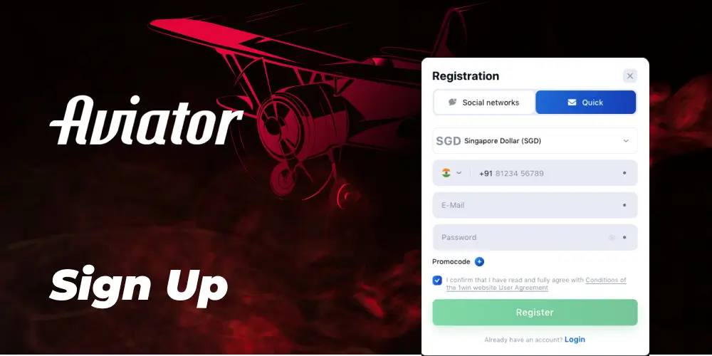 Aviator app sign-up form with registration options