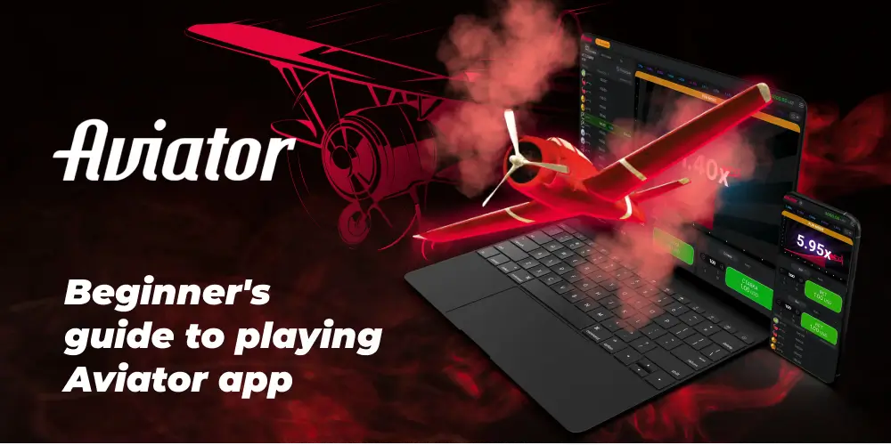 Aviator plane flying over a laptop and mobile phone with the Aviator game interface