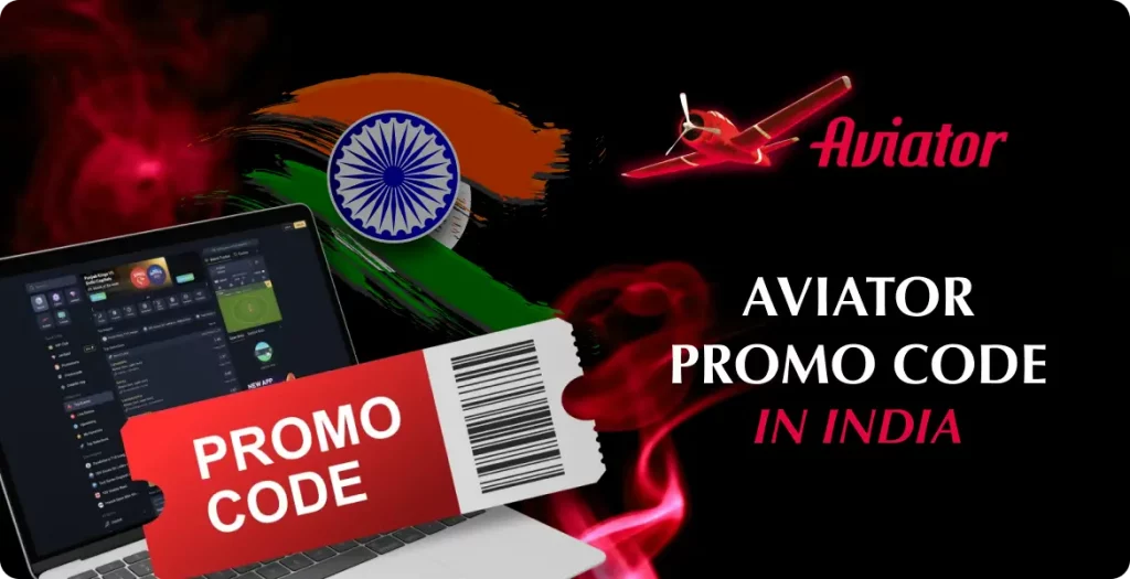 Aviator promo code displayed with Indian flag and a laptop interface