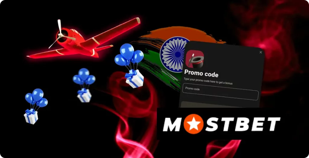 Mostbet promo code for Aviator featuring a plane and gift boxes